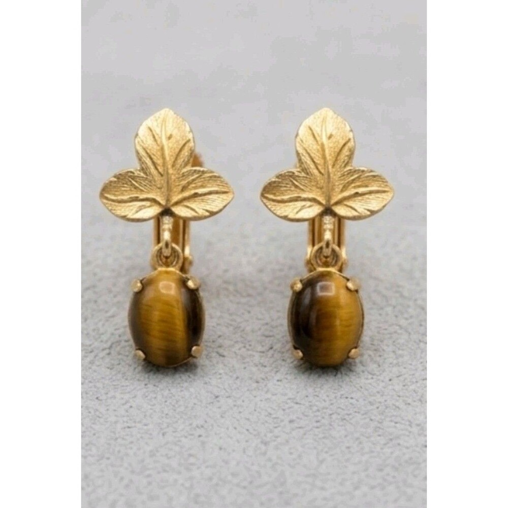 Vintage 1/20 12K GF Gold Filled Tigers Eye Leaf Clip On Screw Back Earrings